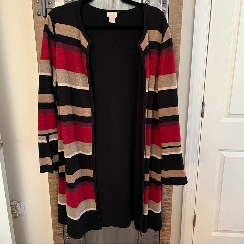 Chico's Multicolor Long Striped Duster Cardigan - Black, Red, Tan